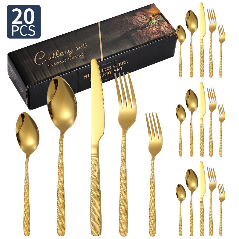 Vajilla de acero inoxidable de Amazon, bistec, cuchillo, tenedor, cuchara, cuerda de cáñamo, juego de 20/24/30 piezas, juego de cuchillo y tenedor de comida occidental de hotel