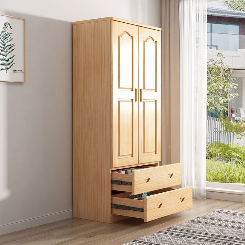 All Solid Wood Wardrobe Pine Double Door Children's Home Bedroom Small Apartment Balcony Storage Cabinet Silk Flower Flat Door Wardrobe