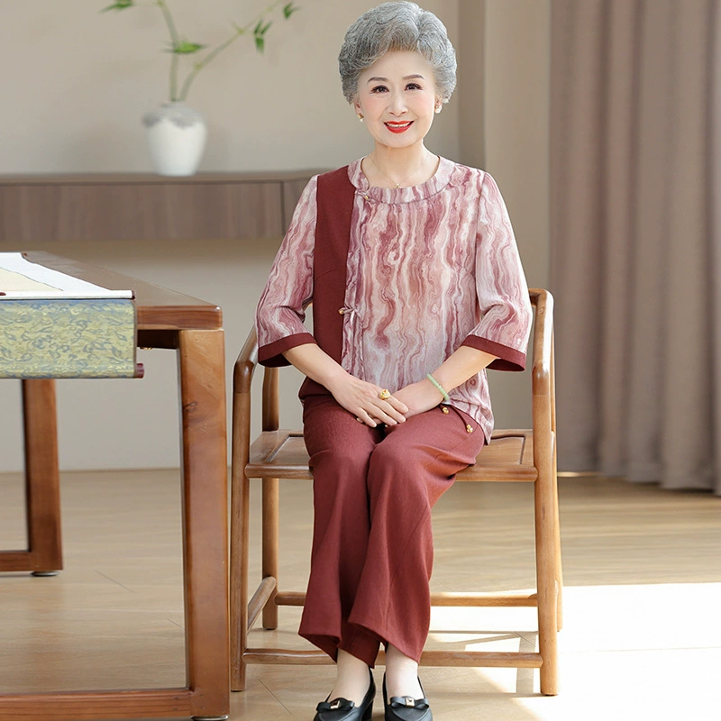 Пожилая летняя одежда бабушка набор среднего и пожилого возраста женская мама свободная повседневная средняя рубашка широкие брюки из двух частей