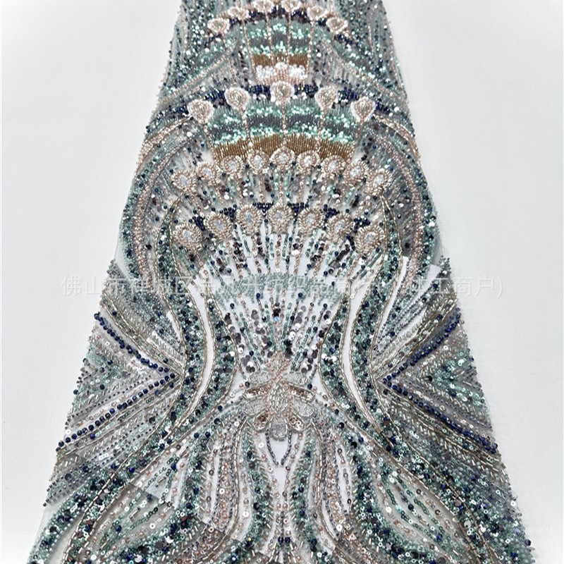 Radiante vertical anchoa bordada tela de malla de tela de alfombra roja de cola de pez vestido de boda madre lujosa tela de fiesta