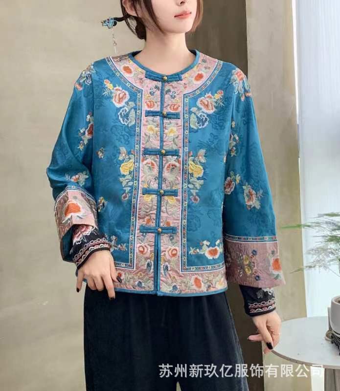 2025新款民族风复古外套女国风圆领盘扣提花刺绣宽松长袖唐装上衣|undefined