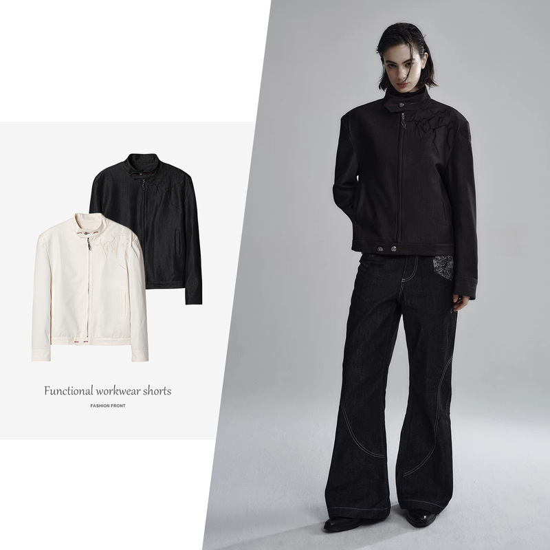 Hype yourself "Zheji" Vertical Pattern Glossy Thorns 3D Embroidery Tie-Down Thin Shoulder Pad Jacket