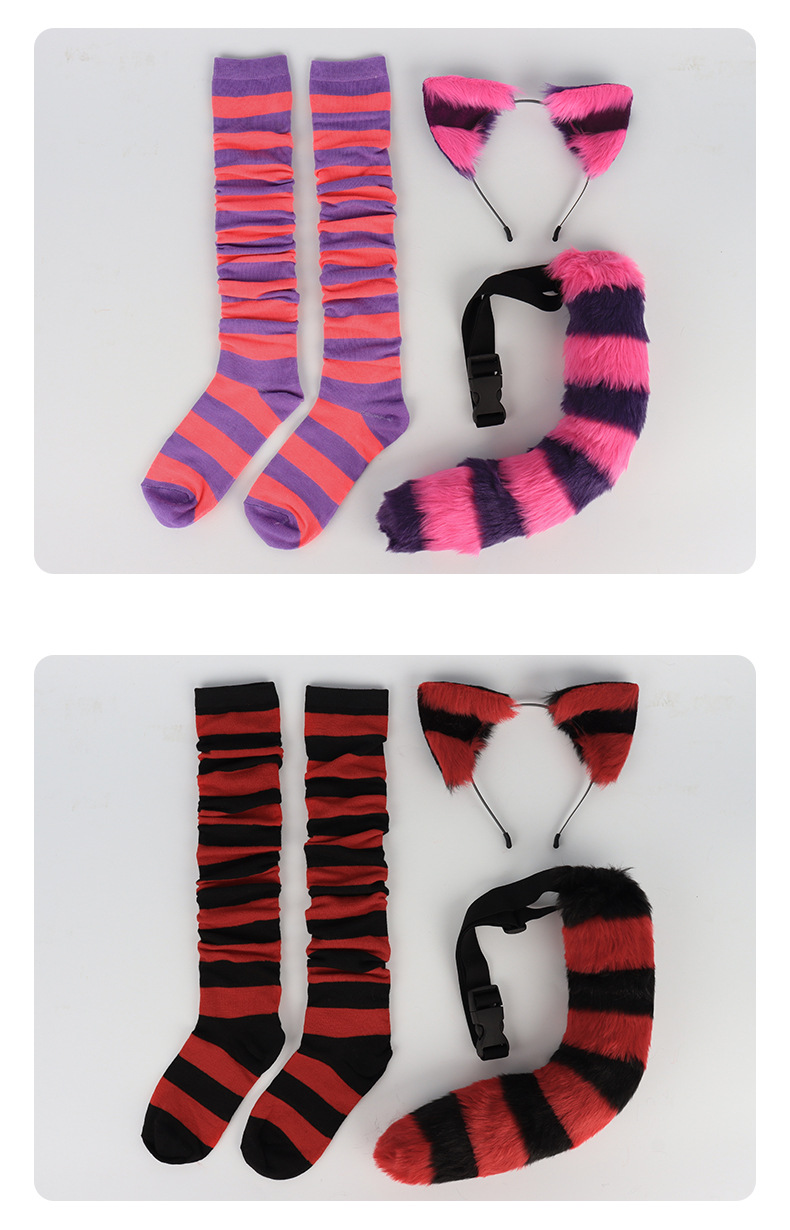 Halloween-Strümpfe mit gestreiften Katzenohren und Katzenschwanz, süße Cosplay-Overknee-Strümpfe, Halloween-Party-Requisiten_voghion.com