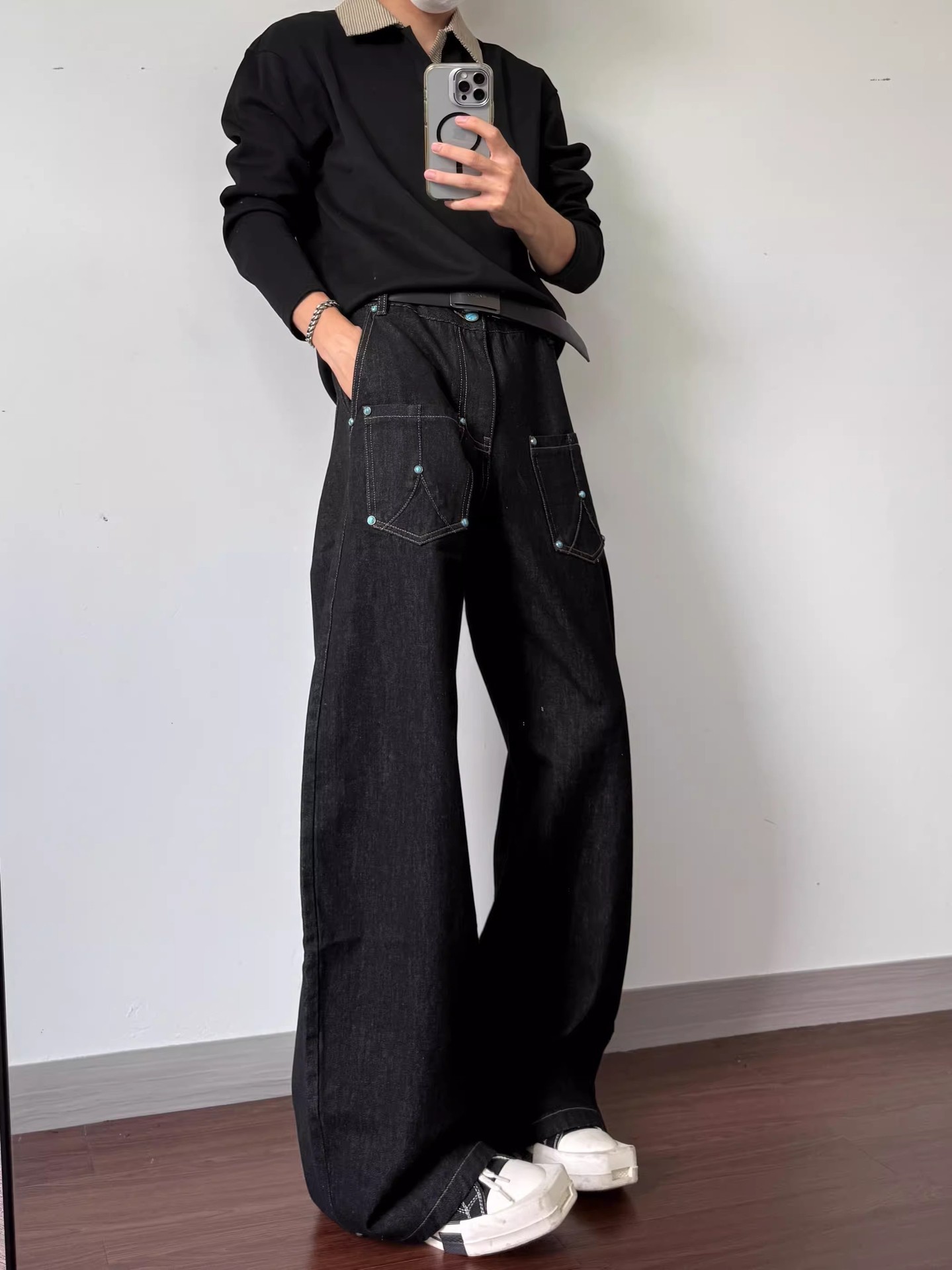 Men's Black Raw Denim Flared Jeans Mid Waist Stretch Straight Leg_voghion.com