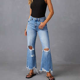 2023欧美跨境秋冬新品 街拍时尚水洗磨毛破洞毛边牛仔长裤女