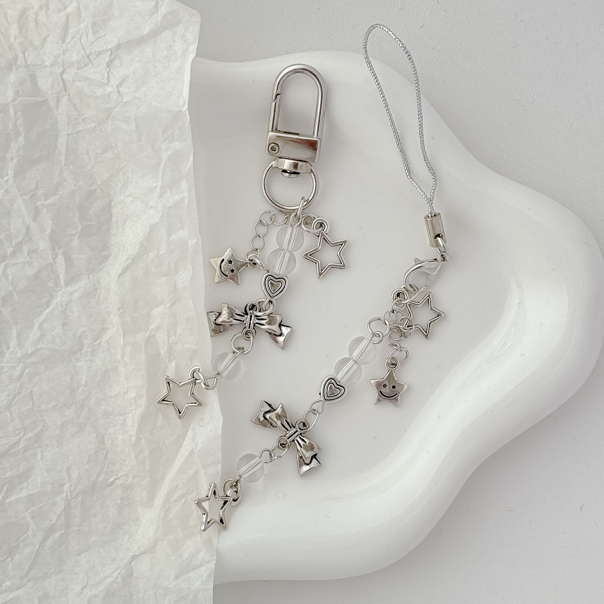 Japanese and Korean Style Ins Style Sweet Girl's Heart silver Star Bow Mobile Phone Chain Simple All-match Goo Card Pendant