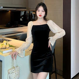 金丝绒连衣裙子长袖春秋冬季2024年新款小个子女装法式配大衣黑色