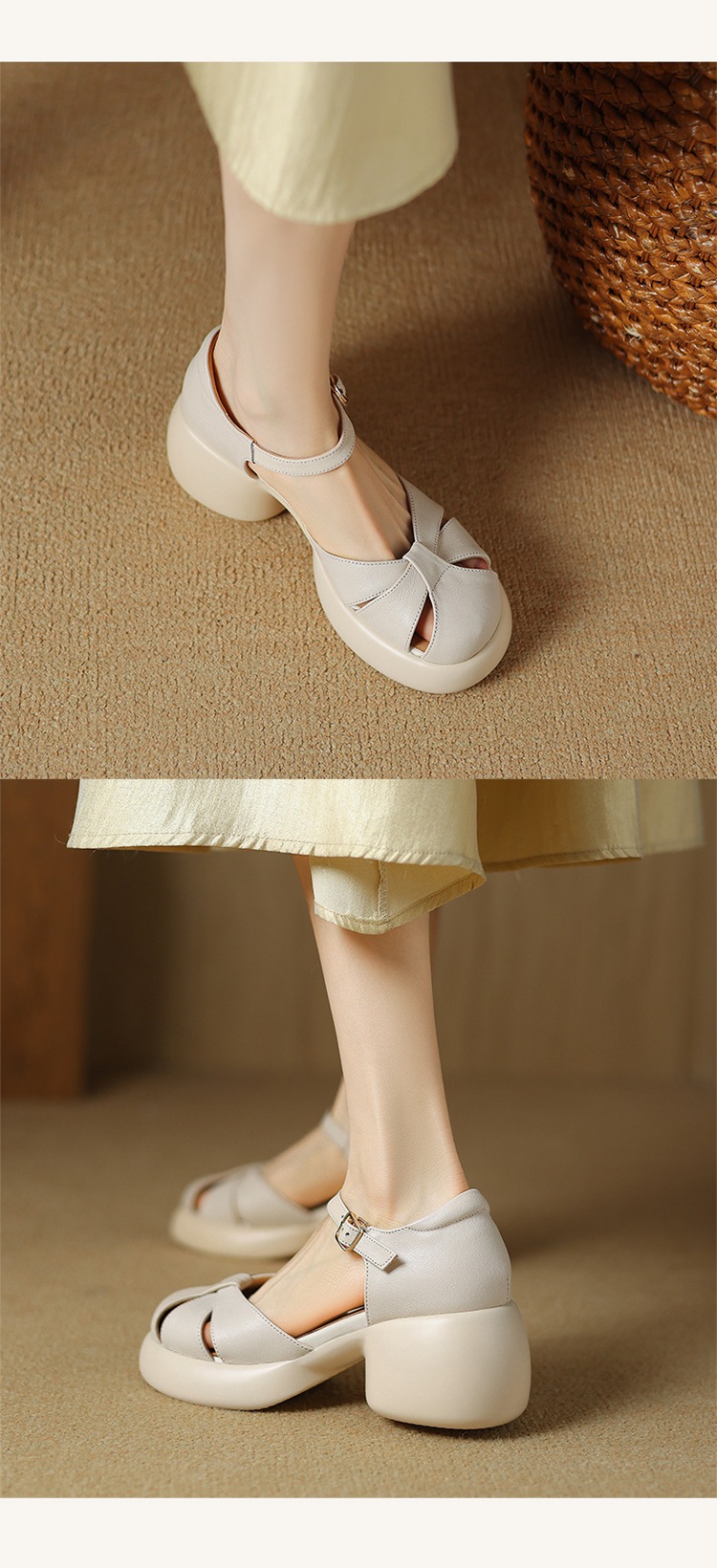 Sandal cao gót nữ quai ngang da cừu mũi nhọn đế dày — Màu be chi tiết 9