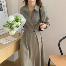 2025年法式复古设计翻领长袖衬衫式系扣连衣裙3色女高腰显瘦百搭