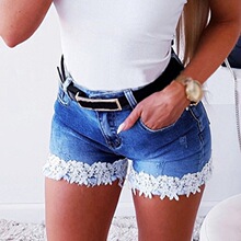 Slim Fit Stretch Lace Trim Denim Shorts������˿��ţ�ж̿�Ů