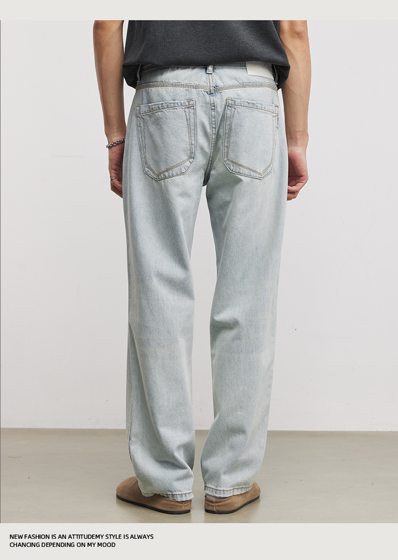 Quần jean nam ống rộng phong cách Mỹ cổ điển, chất liệu denim wash nhẹ, dáng suông thoải mái — Xanh nước đá chi tiết 9