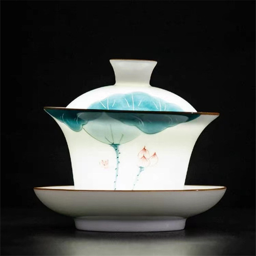 Lapis Lazuli Hand-painted White Porcelain Three Talents Cover Bowl with Hovering Bubble Tea Cup Single Large Size Ceramic Gongfu Tea Set