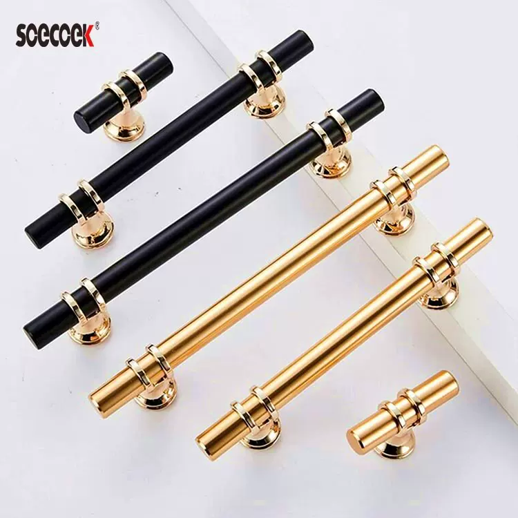 外贸铝合金橱柜拉手黑色简约柜子衣柜门把手金色t型单孔拉手批发