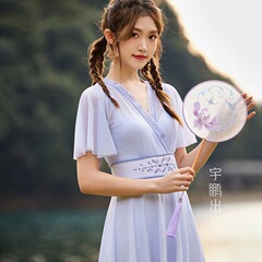 新中国式水着ワンピースビーチ休暇防走光平角水泳スカート国潮風刺繍漢服版水着