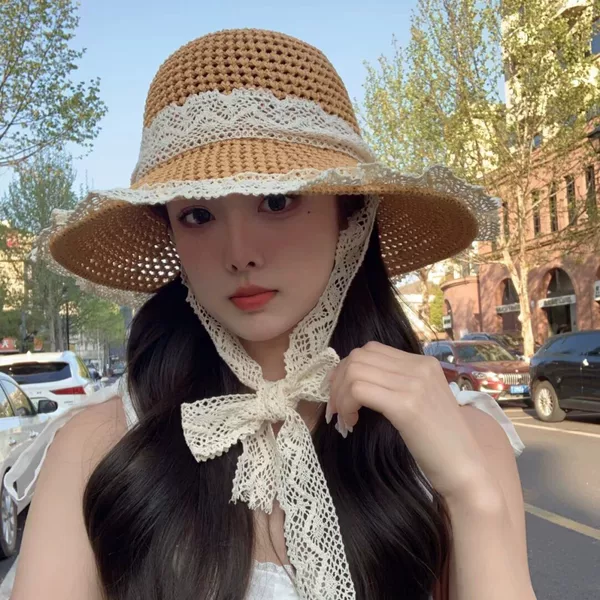 French-Style Straw Hat for Women, Summer Breathable Lace-Trimmed Hollow-Out Sun Hat, Outdoor Sun Hat, Beach Hat, Sunshade Hat
