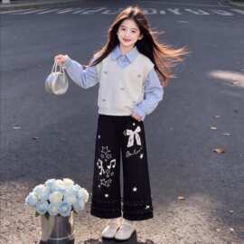 慵懒风女童时髦洋气休闲宽松阔腿裤春秋季假两件长袖卫衣两件套装