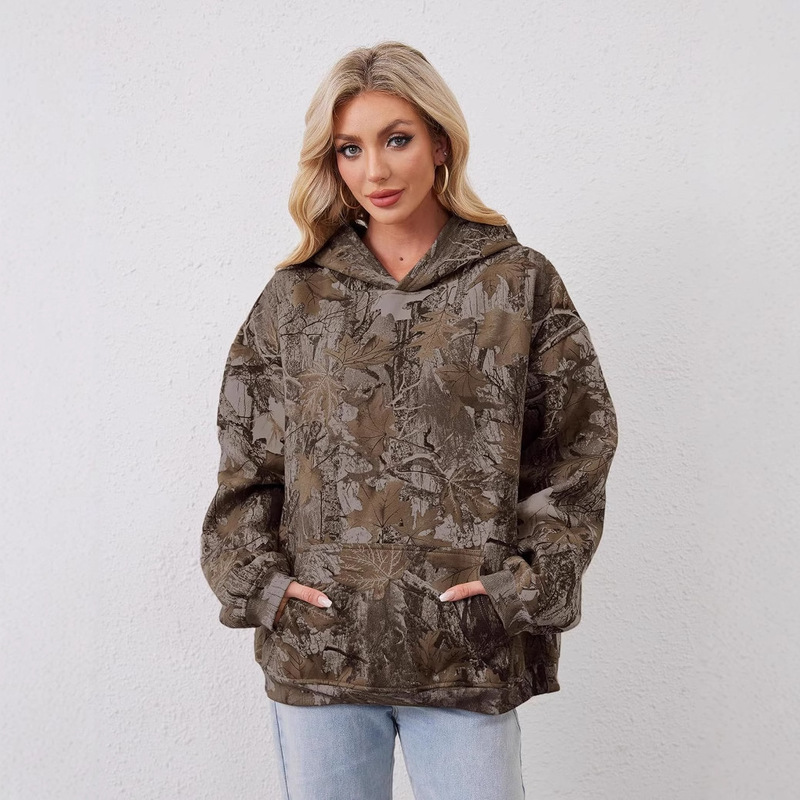 Autumn New Women's Camouflage Hoodie with Maple Leaf Print, Oversized Sports Hoodie with Pockets
