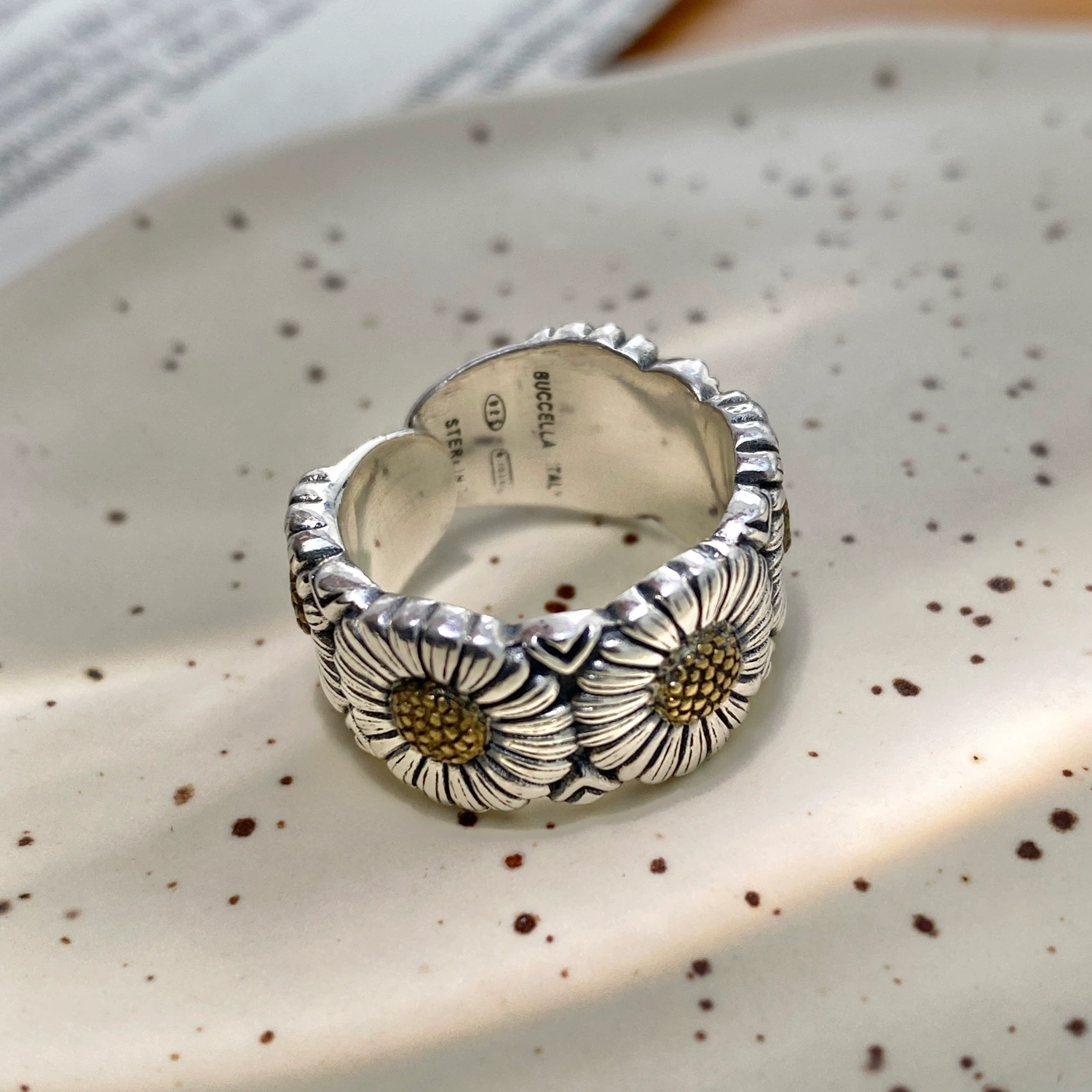 retro fashionable geometric ring hip-hop style, silver 925 sample, on index finger
