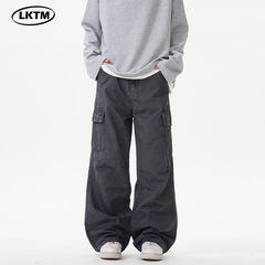 LKTMメンズ # アメリカンレトロヴィンテージ水洗いして古い工装パンツ男女ワイド脚ゆるいストレート長ズボン