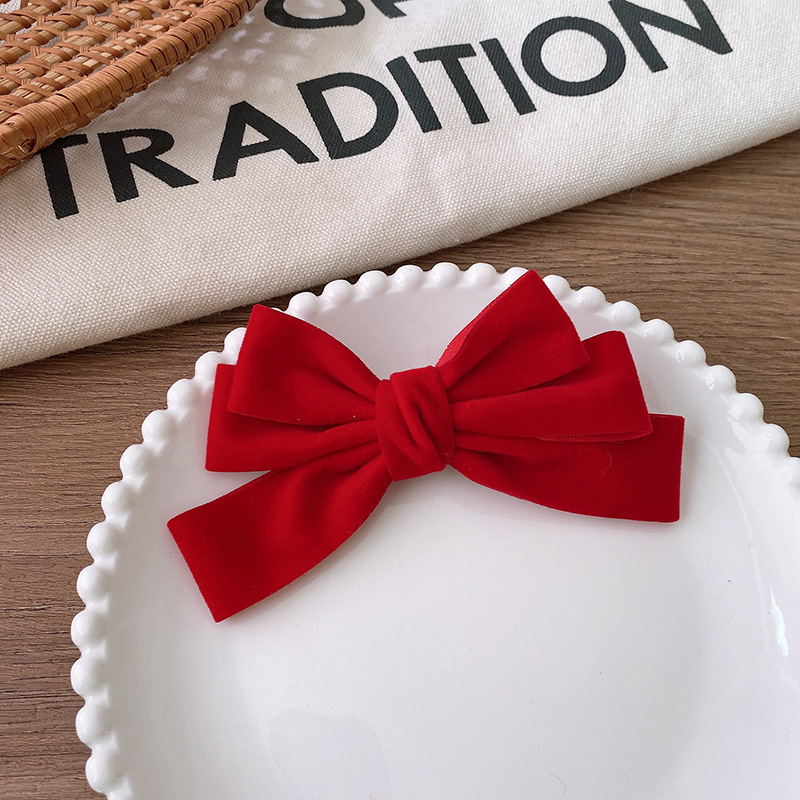 12g Weight Hair Clip Hair Accessories Type 1 Piece Quantity Party, Street Occasion Bow Knot Pattern Women's Gender Sweet Style New Year Velvet Wine Red Series Basic Solid Color Bow Barrettes Sweet Back Head Princess Children Girls' Hair Accessories 6
