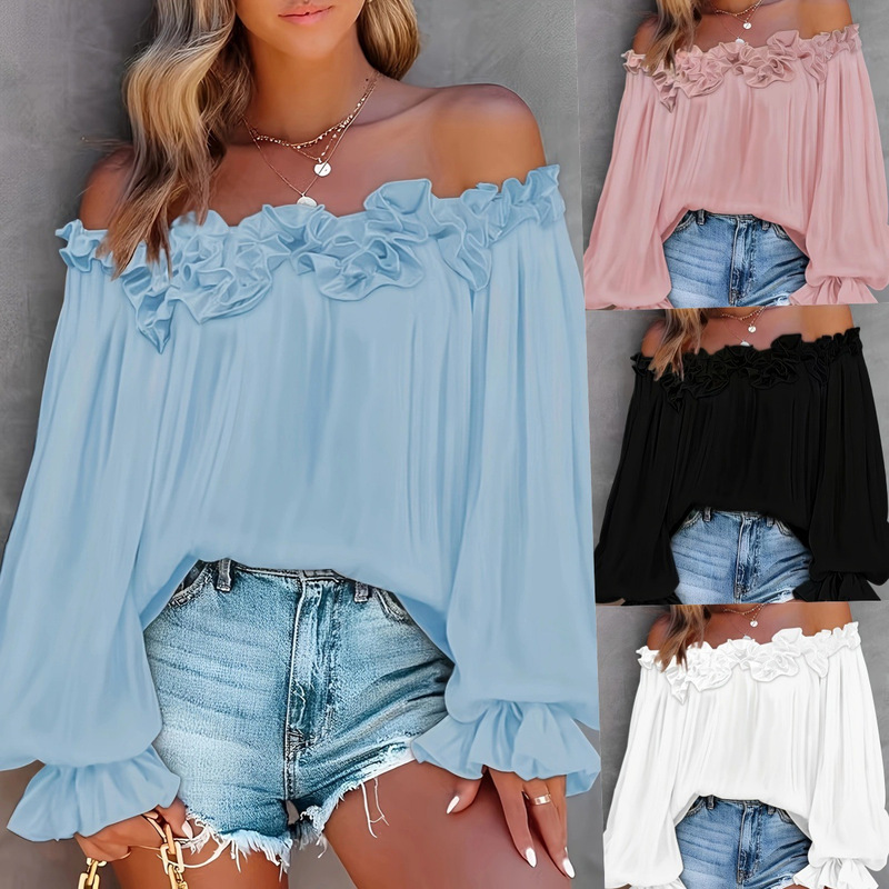 Hot-Selling New Style Elegant Casual Off-Shoulder Long-Sleeve Top with Ruffle Sleeves Loose-Fit Women's Shirt