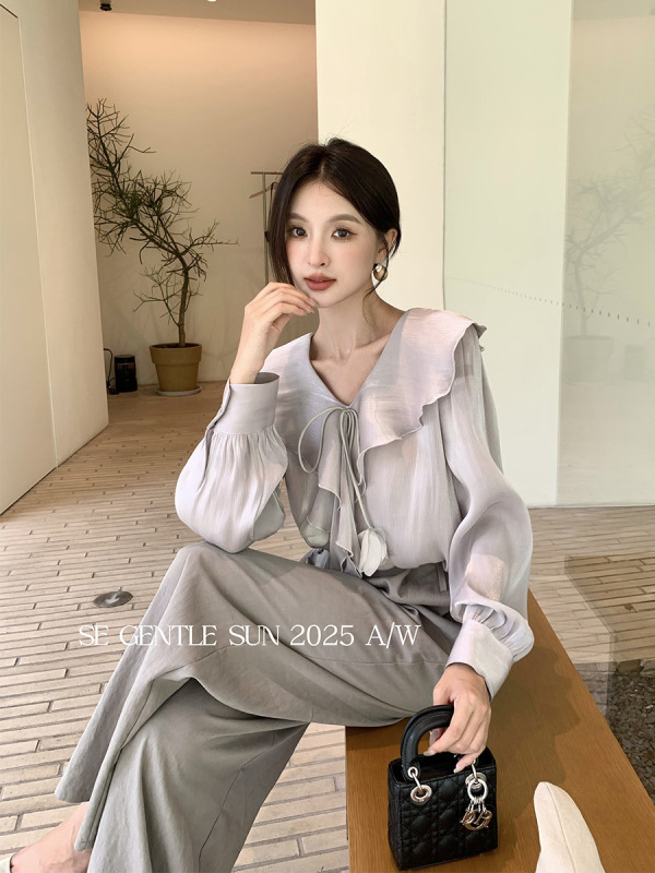 秀熙熙2025秋季白标显瘦气质百搭荷叶V领雪纺上衣长袖小衫女89573|undefined