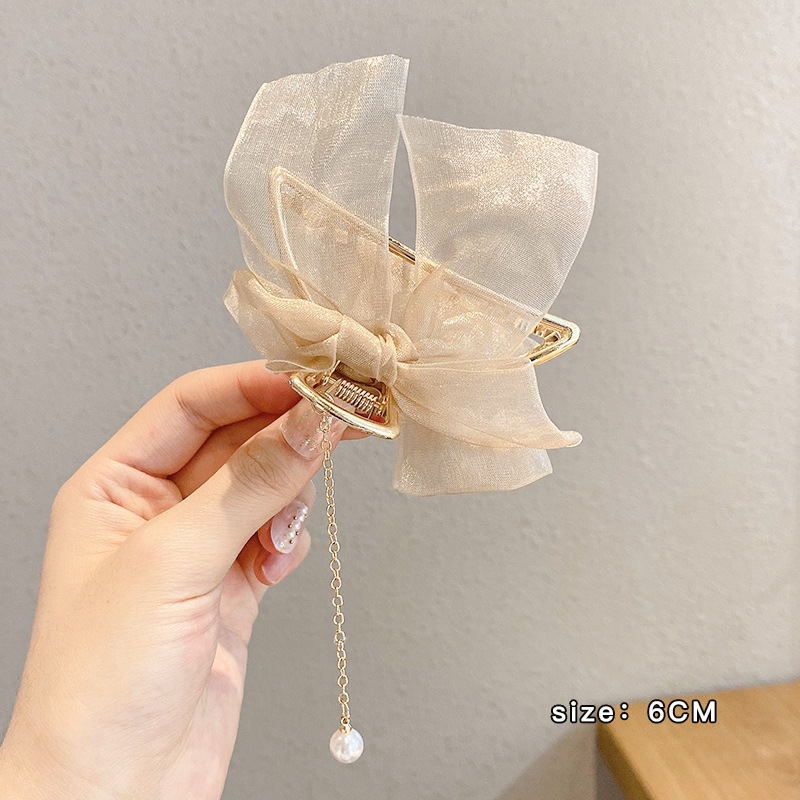 珍珠金属鲨鱼夹发卡女气质蝴蝶结抓夹后脑勺半扎发小号头饰高级感|undefined