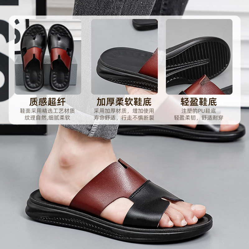 Dép sandal nam quai ngang hở mũi cỡ lớn, mặt siêu sợi phối da PU chống trượt, đi ngoài trời và đi biển — Màu trắng, Xanh nhạt, Xanh đậm, Đỏ nâu