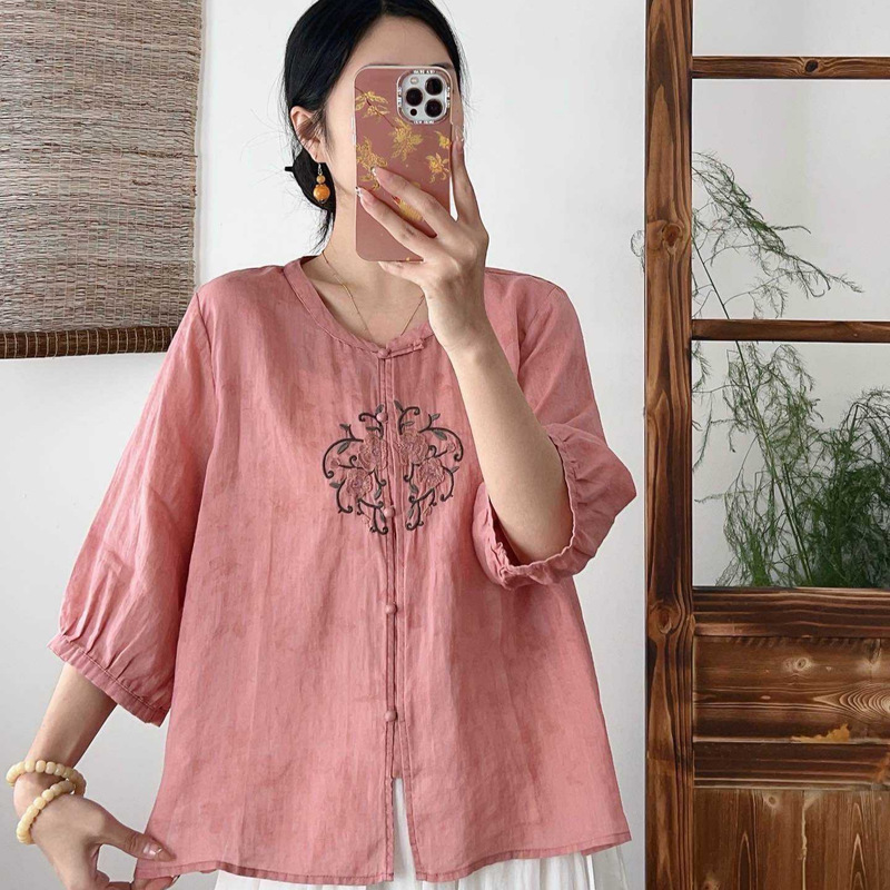 2025 summer vintage cotton and linen shirt artistic embroidery shirt temperament embroidery collar seven sleeves including small shirt women
