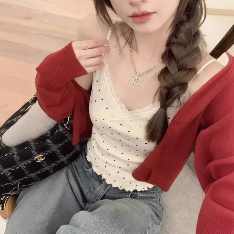 Pure Desire Wave Point Camisole Women's Outer Wear Summer Sweet and Spicy Lace V-neck Inner Slim-fit Short Top