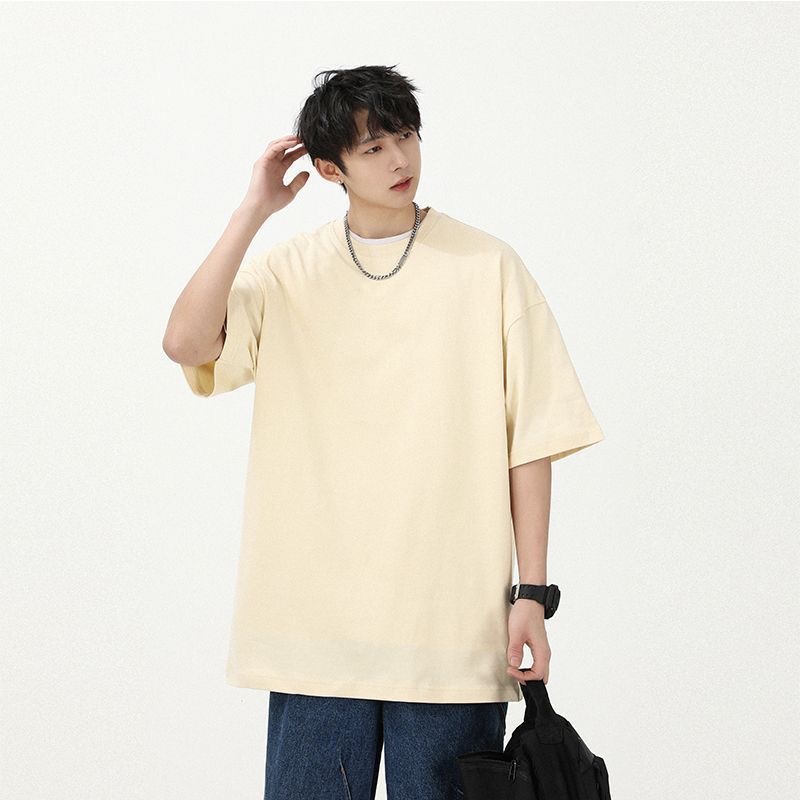Men's Cotton Short Sleeve 240g Heavy 100 Cotton T-shirt Base T-shirt Men's Round Neck Loose Solid Color Korean Fashion