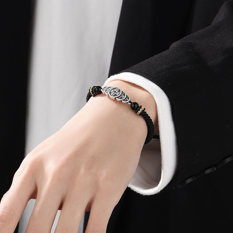 999 pure silver five emperors bracelet boys niche national style new Chinese good luck copper coin woven silver jewelry birthday gift