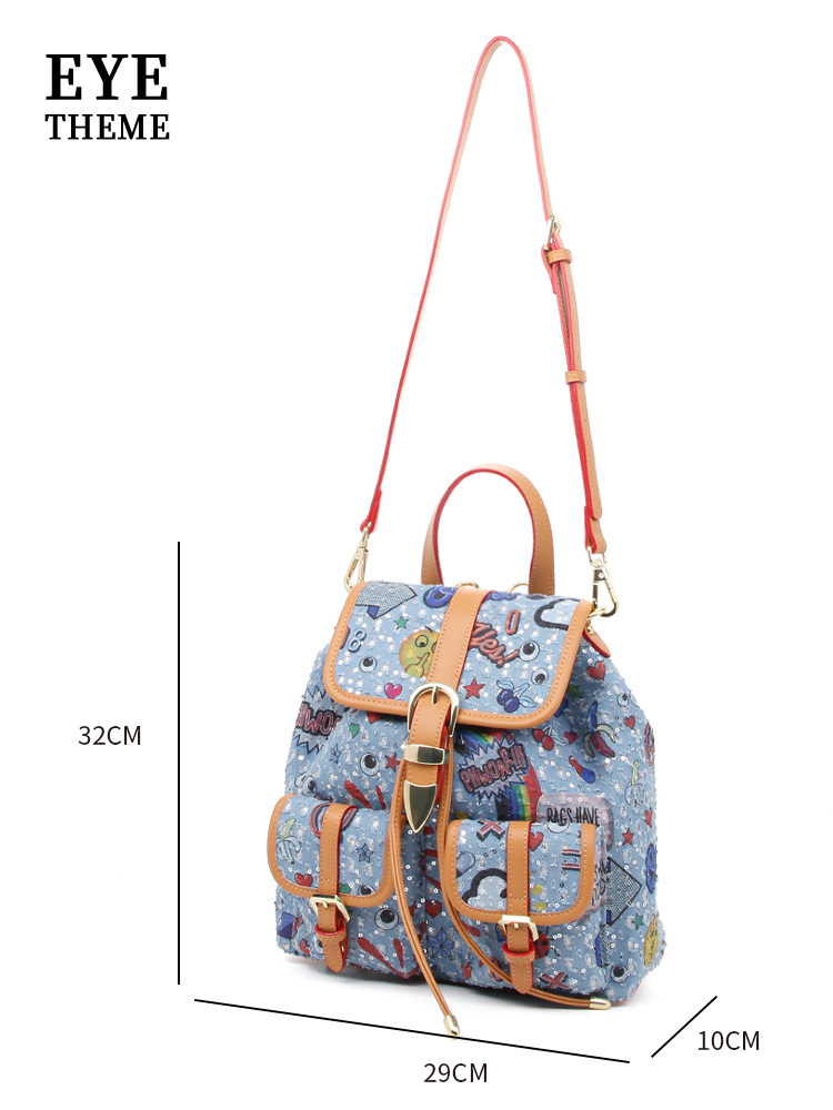 Color de contraste de flip de gran capacidad de bolsillo independiente de denim bolsas bordadas de viaje de estudiantes impresión 2711 #