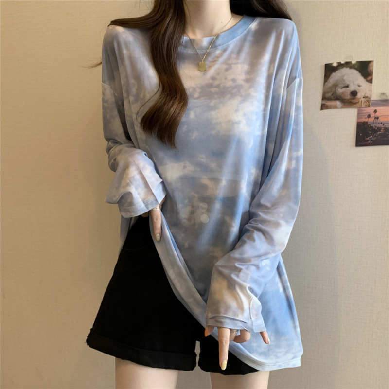 夏用の女性用薄いアイスシルク長袖日焼け止めブラウス、プラスサイズの太ったmm、ゆったりとスリムなミッドレングスのタイダイメッシュトップ|undefined