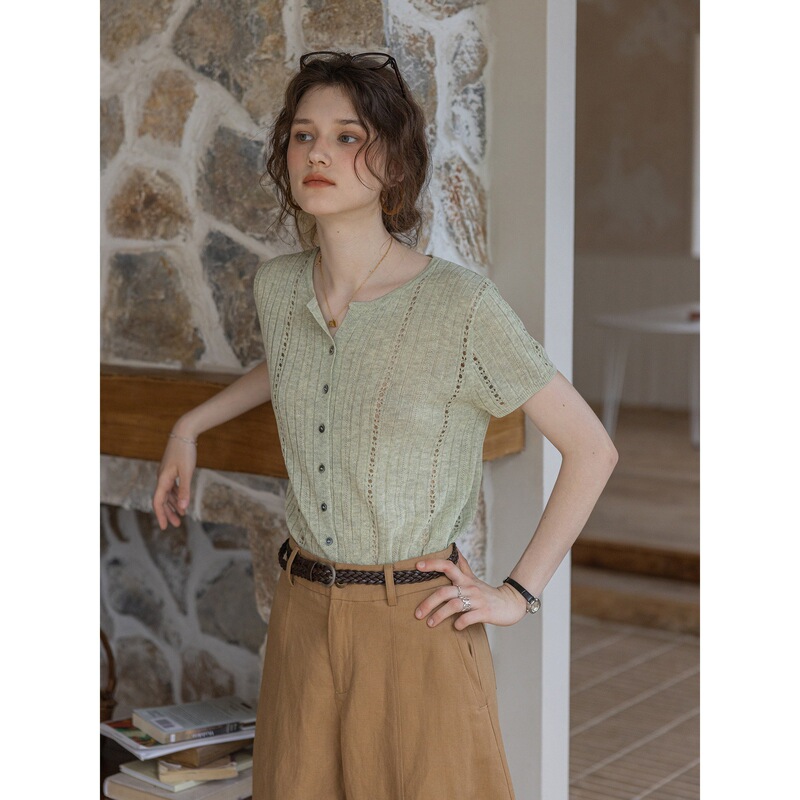 "Tree Love Letter" Tencel and Linen Blend Ribbed Hollow-Out Short-Sleeve Knit Top "Tree Love Letter" Tencel and Linen Blend Ribbed Hollow-Out Short-Sleeve Knit Top