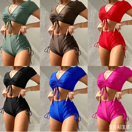 European and American New Style Split Ruched Drawstring Nylon Solid Color Swimsuit Bikini Cross-Border Aliexpress Swimwear for Women European and American New Style Split Ruched Drawstring Nylon Solid Color Swimsuit Bikini Cross-Border Aliexpress Swimwear for Women