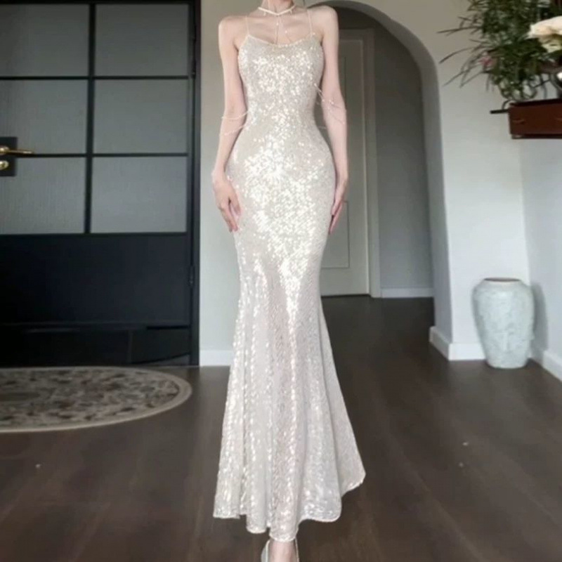 French-Style Socialite High-End Spaghetti Strap Dress, Exquisite Banquet Evening Gown, Slim-Fit Bodycon Mermaid Dress