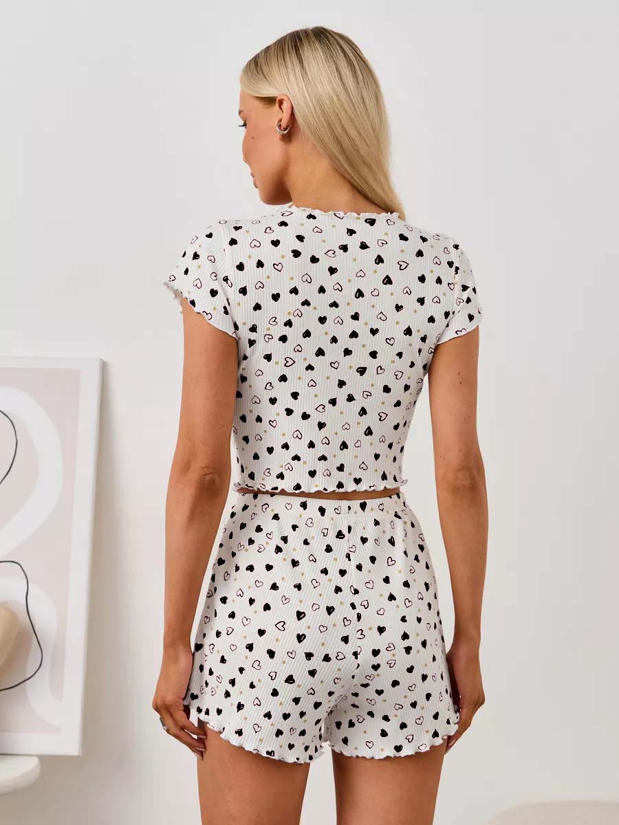 Completo pigiama da donna a maniche corte con stampa a cuori e fiocco, maniche corte._voghion.com