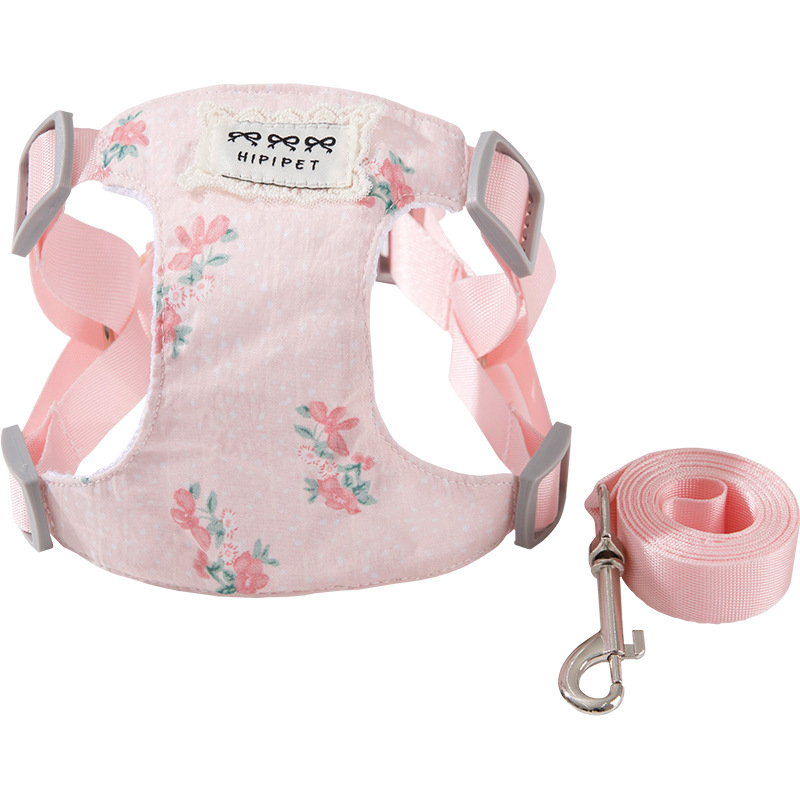 Flores de primavera ajustables para mascotas pecho y espalda conjunto de cuerda de tracción para perros y gatos para caminar con perros, cuerda de paseo para perros anti-desprendimiento