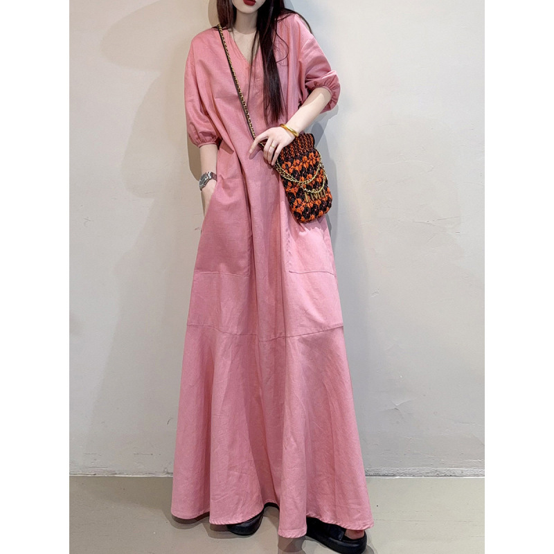 61021 # Extended Length Simple Loose-Fitting Plus-Size Linen Dress 2026 Summer New Casual Versatile Long Dress