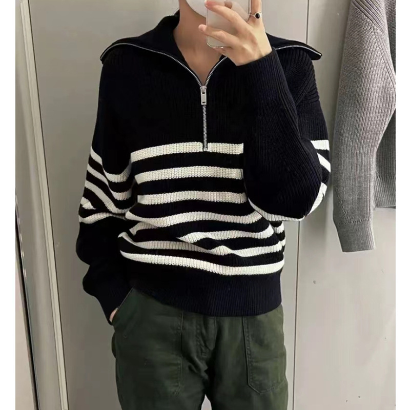 Large Lapel Sweater Women's Half Zipper Turtleneck Striped 2024 Autumn and Winter Loose Lazy Style Pullover Wool Sweater Large Lapel Sweater Women's Half Zipper Turtleneck Striped 2024 Autumn and Winter Loose Lazy Style Pullover Wool Sweater