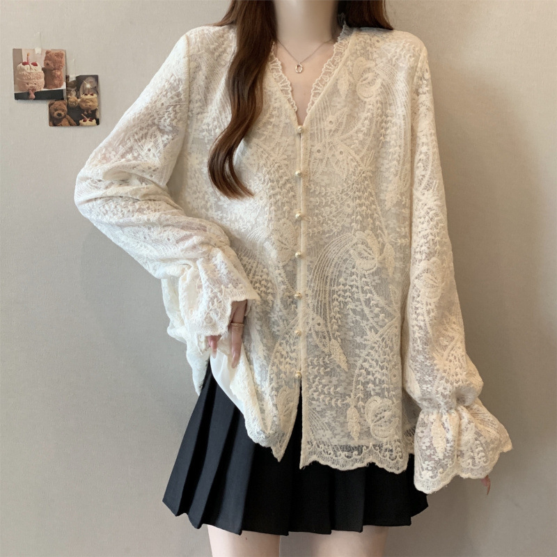 Plus Size New Chinese Style Lace Long-Sleeved Shirt Women's Spring High-End Shirt Fat Girl's Flesh-Covering Slimming Look Top