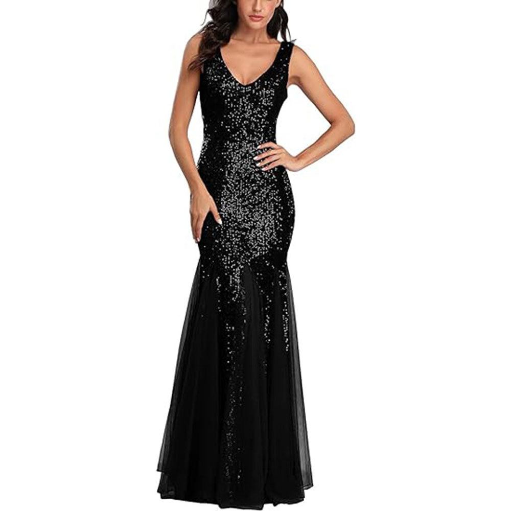 Amazon nuevo vestido de noche más tamaño V-cuello sirena lentejuelas sexy vestido formal fiesta