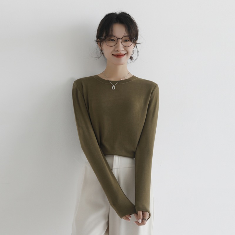 含羊毛T恤长袖女秋冬晴纶保暖针织衫修身气质内搭叠穿圆领打底衫|undefined