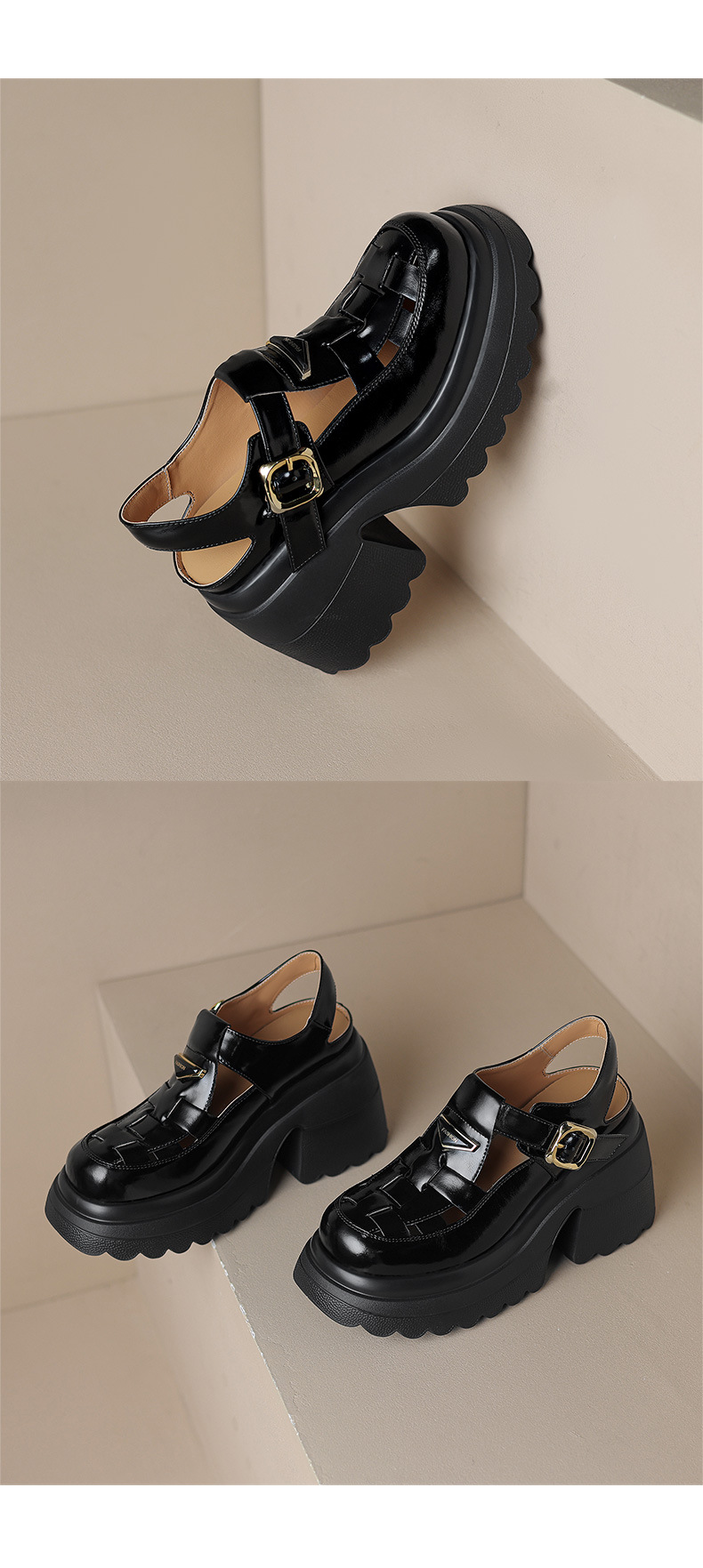Sandal bít mũi đế độn cao 10cm phong cách La Mã dệt kim hở gót cho nữ — Màu be, Màu đen chi tiết 13