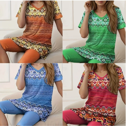 2025 новый европейский и американский трансграничный повседневный стиль стиль печати с короткими рукавами V-образный набор тонких модных темпераментов