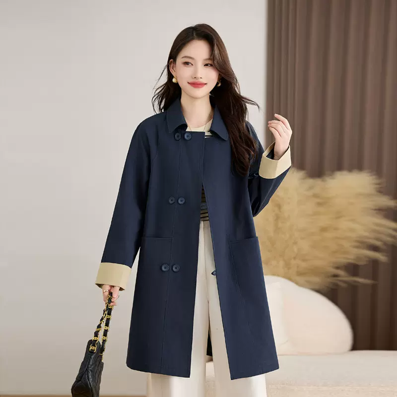 时尚拼色风衣女中长款2025秋季新款休闲气质翻领设计感大衣外套