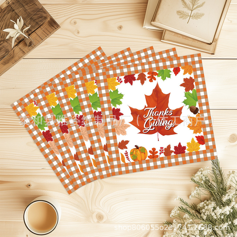 Cross-Border New Autumn Plaid Thanksgiving Maple Leaf Theme Printed Napkins Disposable Napkins Decorative Supplies Cross-Border New Autumn Plaid Thanksgiving Maple Leaf Theme Printed Napkins Disposable Napkins Decorative Supplies