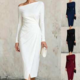 欧美亚马逊独立站  一字肩收腰长袖褶皱连衣裙 宴会通勤礼服裙