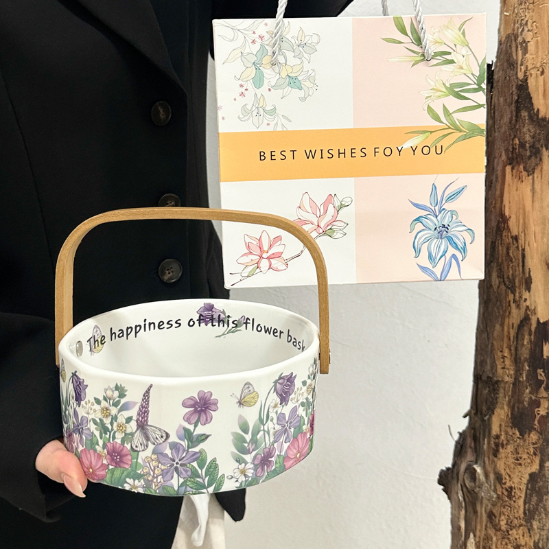 Scandinavian Retro Violet Ceramic Satchel Fruit Basket and Fruit Plate, High-End Practical Tea Table Snack Plate, High-Value Souvenir